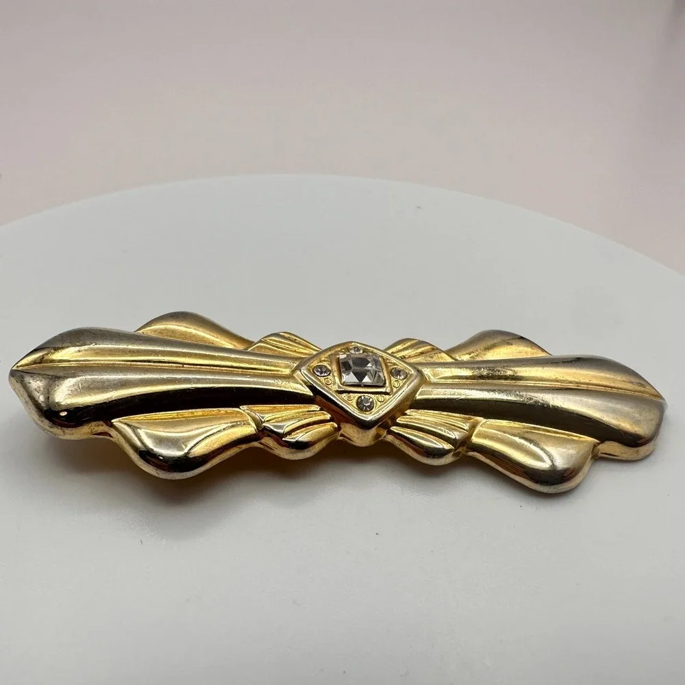 Vintage Rhinestone Bar Brooch Gold Tone Clear Crystal Statement Elegant Pin 90s